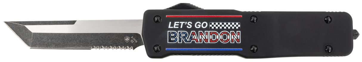 Templar Knife LZLGB521 Premium Weighted Large 3.55" OTF Tanto Part Serrated Black Oxide Stonewashed Powdered D2 Steel Blade/5.25" Black "Lets Go Brandon" Aluminum Zinc Alloy Handle