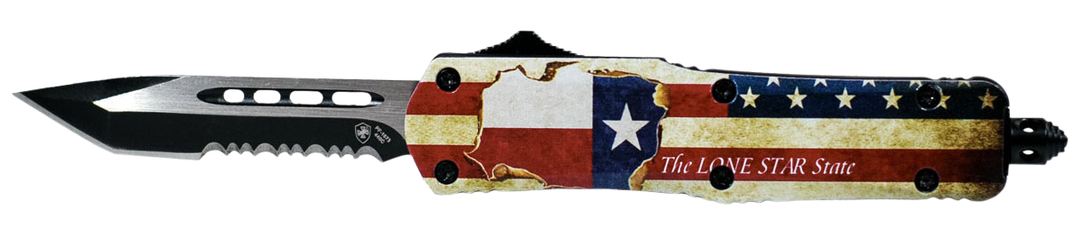 Templar Knife STX531 Texan Gen II Small 2.25" OTF Tanto Part Serrated Black Oxide Stonewashed 440C SS Blade/ 4.31" Texas Flag Aluminum Handle Features Glass Breaker Includes Pocket Clip/Sheath