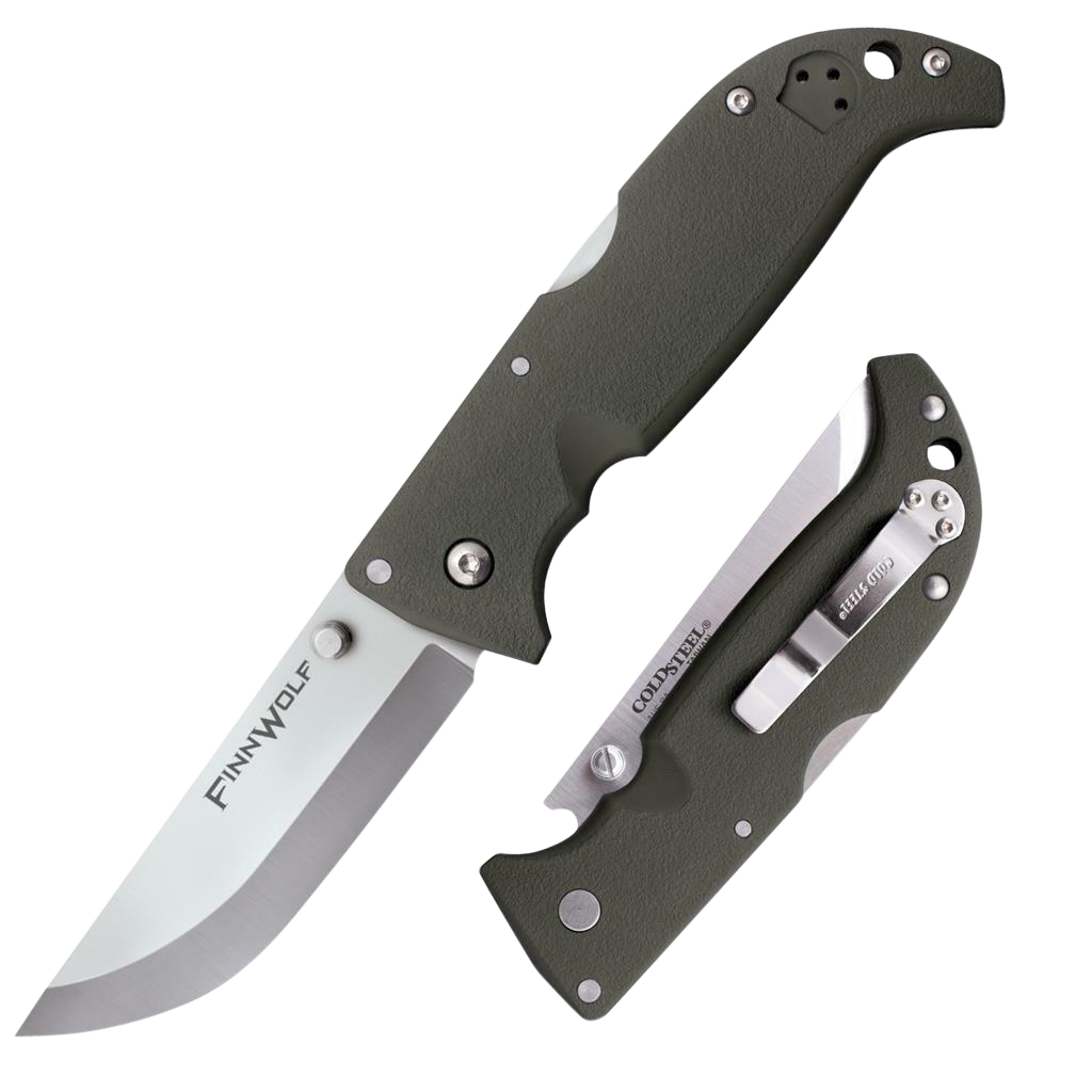 Cold Steel CS20NPF Finn Wolf 3.50" Folding Clip Point Plain Satin Polished AUS-8A SS Blade/OD Green Griv-Ex Handle Includes Pocket Clip