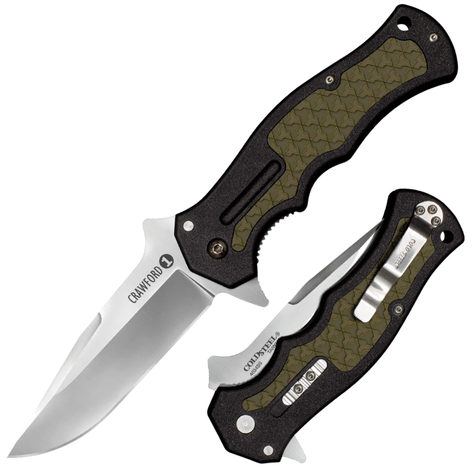 Cold Steel CS20MWC Crawford 1 3.50" Folding Plain 4034 Stainless Steel Blade/Black w/OD Green Traction Inlays GRN Handle Includes Pocket Clip