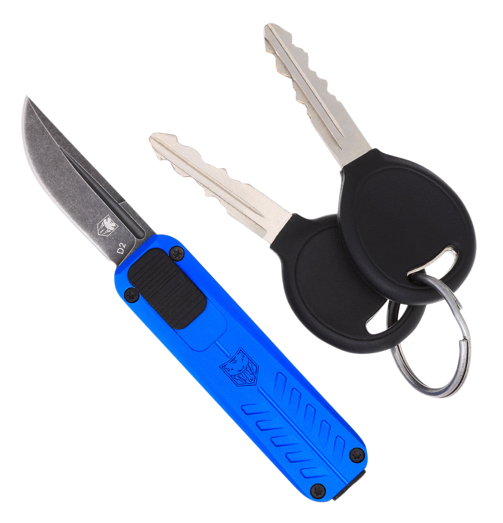 CobraTec Knives CALI928SBBLUDNS California 928SB 1.75" OTF Drop Point Plain Stonewashed D2 Steel Blade/ Blue Anodized Aluminum Handle Includes Pocket Clip/Pouch