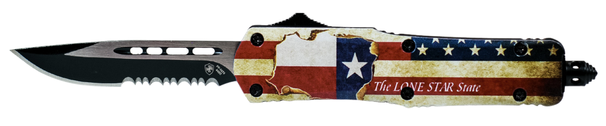 Templar Knife LTX631 Texan Gen II Large 3.50" OTF Drop Point Part Serrated Black Oxide Stonewashed Black 440C SS Blade/5.25" Texas Flag Aluminum Handle Features Glass Breaker Includes Pocket Clip/Sheath