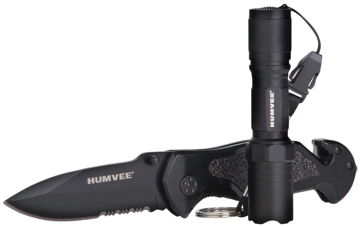 Humvee Adventure Gear HMVKCER1 Rescue Combo 3.25" Folding Spear Point Part Serrated Stainless Steel Blade Black Aluminum Handle Features Glass Breaker/Pocket Clip/Seatbelt Cutter