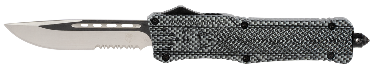 CobraTec Knives LCFCTK1LDS CTK-1Large 3.75" OTF Drop Point Part Serrated D2 Steel Blade/ Carbon Fiber Aluminum Handle Features Glass Breaker Includes Pocket Clip