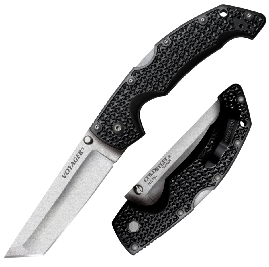 Cold Steel CS29AT VoyagerLarge 4" Folding Tanto Plain AUS-10A SS Blade Black Griv-Ex w/Aluminum Liners Handle Includes Pocket Clip