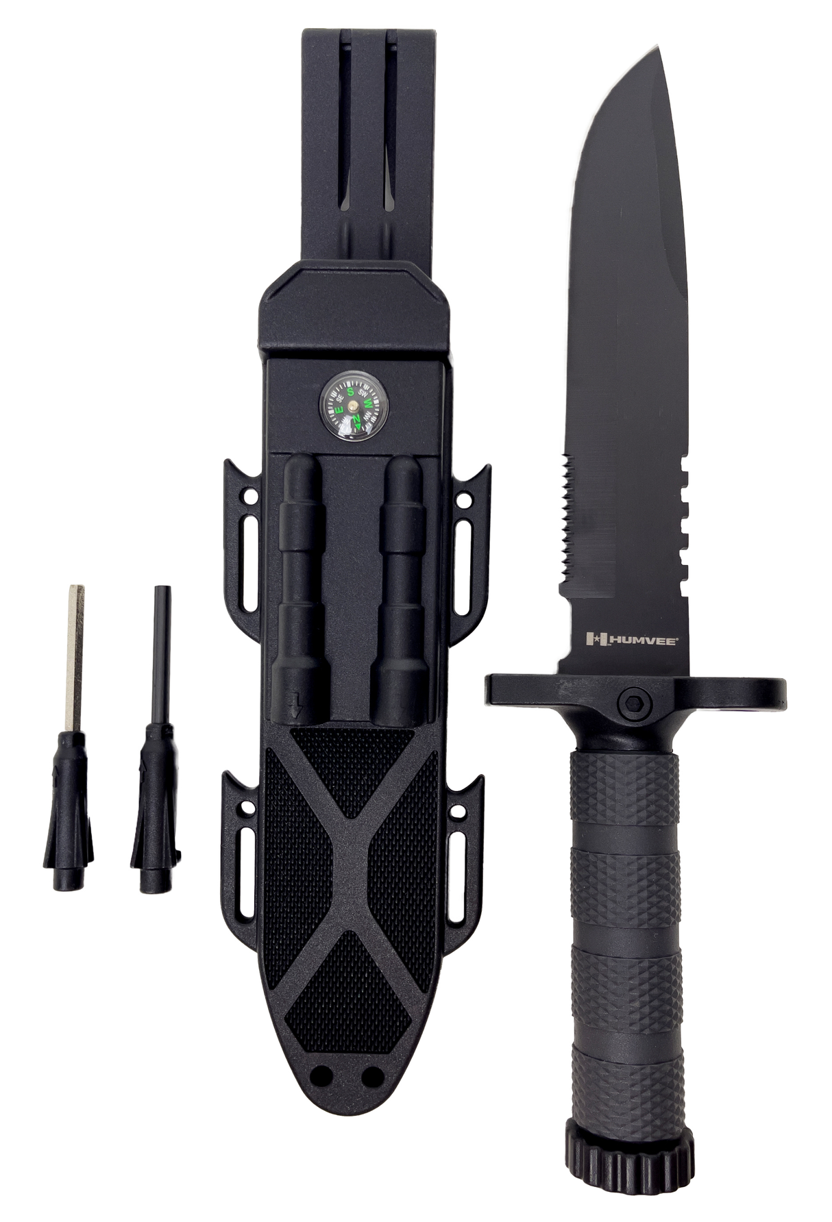 Humvee Adventure Gear HMVKFXB02 Humvee Survival Knife 7.50" Fixed Sawback Plain Black Stainless Steel Blade Black Textured Rubber Handle Includes Sheath