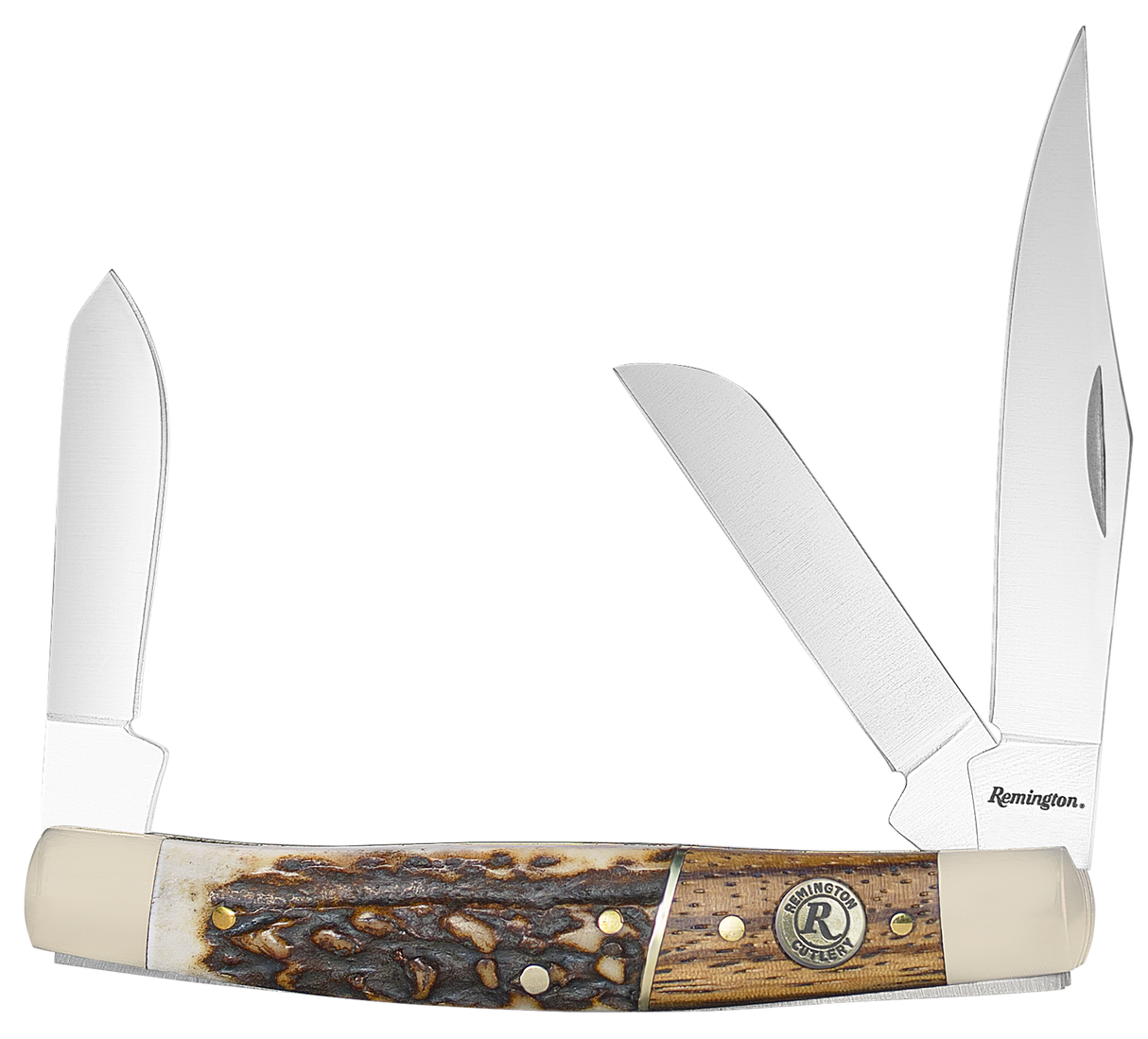 Remington Accessories 15653 Guide Stockman Folding Stainless Steel Blade Brown/White/Silver w/Remington Shield Stag Bone/Nickle Handle