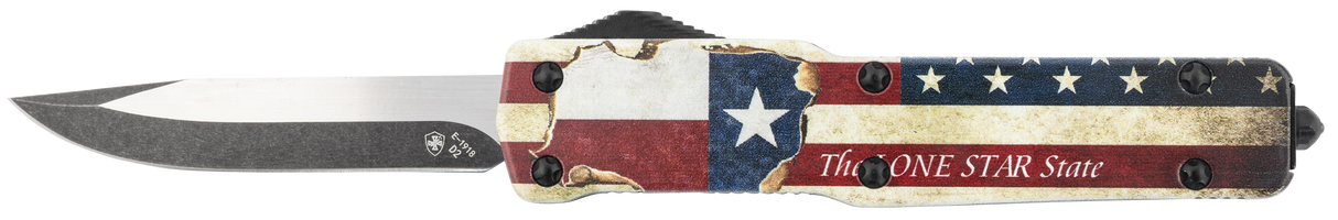 Templar Knife MZTX321 Premium Weighted Slim 3.16" OTF Drop Point Plain Black Oxide Stonewashed Powdered D2 Steel Blade/4.93" Red/White/Blue w/"The LONE STAR State" Aluminum Zinc Alloy Handle