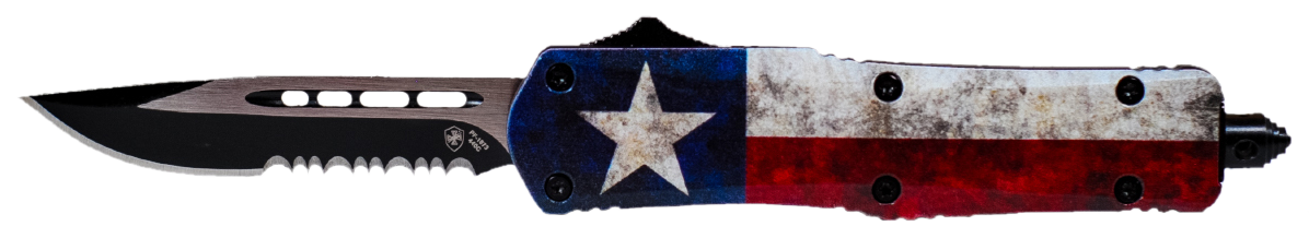 Templar Knife SCAP631 Captain Gen II Small 2.69" OTF Drop Point Part Serrated Black Oxide Stonewashed 440C SS Blade/ 4.31" Red/White/Blue w/ Star Aluminum Handle Features Glass Breaker Includes Pocket Clip/Sheath