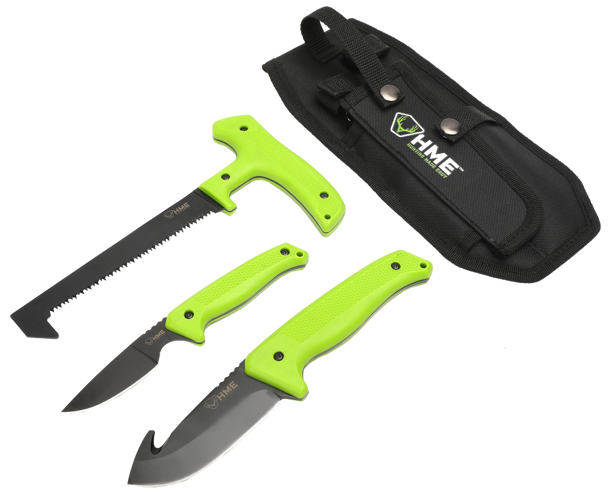 HME KN3PFK 3-Piece Field Kit Fixed 420HC Stainless Steel Black Oxide Thermoplastic Rubber Green 9.50" Gut Hook/8.75" Saw/7.50" Caper