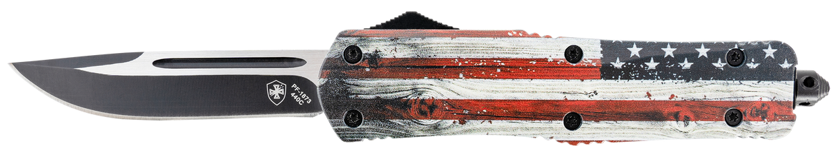 Templar Knife LWUS331 Wood US Flag Gen II Large 3.50" OTF Drop Point Plain Black Oxide Stonewashed 440C SS Blade/ 5.25" Painted Wood Grain US Flag Aluminum Handle Features Glass Breaker Includes Pocket Clip/Sheath