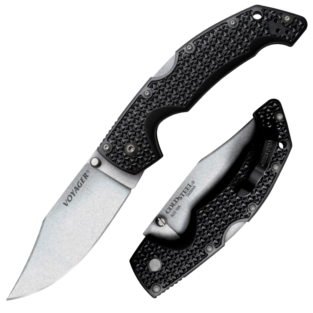 Cold Steel CS29AC VoyagerLarge 4" Folding Clip Point Plain AUS-10A SS Blade Black Griv-Ex w/Aluminum Liners Handle Includes Pocket Clip