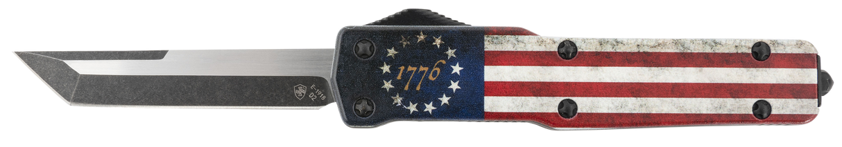 Templar Knife MZBRF221 Premium Weighted Slim 3.16" OTF Tanto Plain Black Oxide Stonewashed Powdered D2 Steel Blade/4.93" Betsy Ross Flag Aluminum Zinc Alloy Handle