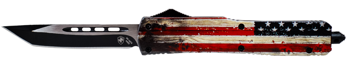 Templar Knife MWUS231 Wood US Flag Gen II Slim 3.43" OTF Tanto Plain Black Oxide Stonewashed 440C SS Blade/5.05" Painted Wood Grain US Flag Aluminum Handle Features Glass Breaker Includes Pocket Clip/Sheath