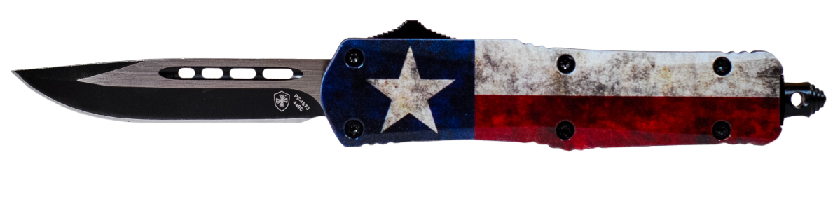 Templar Knife SCAP331 Captain Gen II Small 2.69" OTF Drop Point Plain Black Oxide Stonewashed 440C SS Blade/ 4.31" Red/White/Blue w/ Star Aluminum Handle Features Glass Breaker Includes Pocket Clip/Sheath