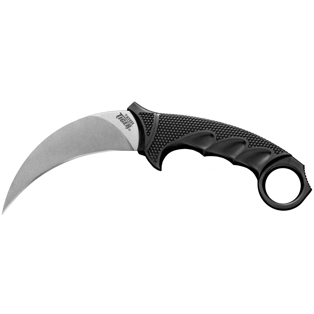 Cold Steel CS49KST Steel Tiger4.75" Fixed Plain Stone Washed Japanese AUS-8A SS Blade/Black w/Thumb Shelf & Finger Ring Griv-Ex w/Overmold Kray-Ex Handle