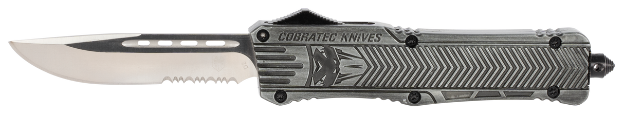 CobraTec Knives LSWCTK1LDS CTK-1Large 3.75" OTF Drop Point Part Serrated D2 Steel Blade/ Stonewashed Aluminum Handle Features Glass Breaker Includes Pocket Clip