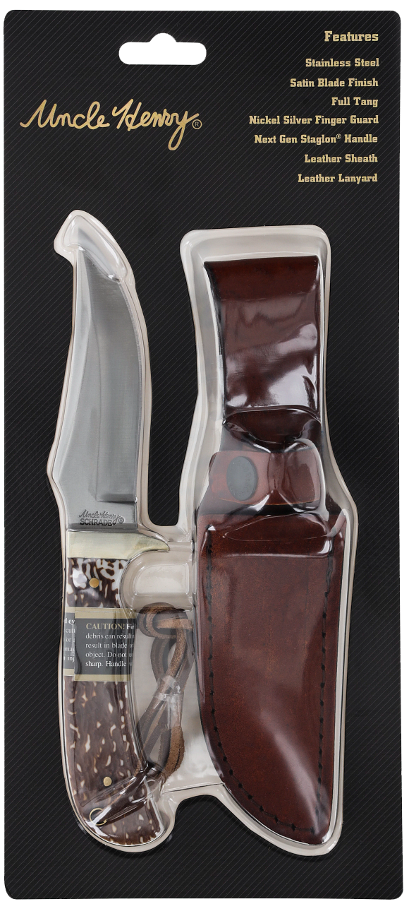 Uncle Henry old 1100035 Next Gen Staglon4.25" Skinner Plain Satin Stainless Steel Blade 4.25" Staglon Handle Features Brass Finger Guard Includes Sheath