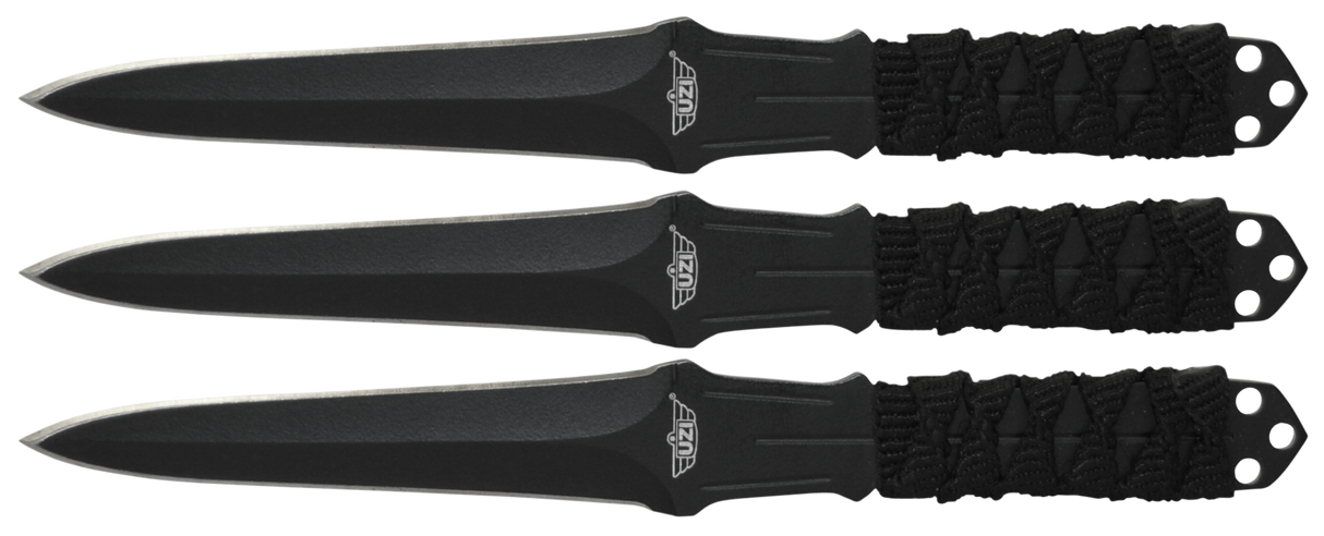 Uzi Accessories UZKTRW003 Throwing Knives3" Fixed Straight Back Plain Black Stainless Steel Blade Black Nylon Cord Wrapped Handle