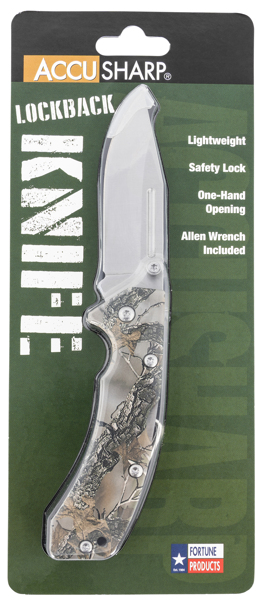 AccuSharp 713C Lockback3" Folding Clip Point Plain Stainless Steel Blade/Camo G10 Handle Includes Allen Wrench