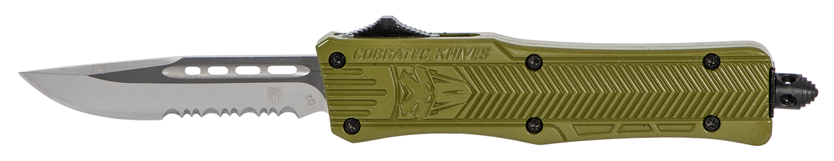 CobraTec Knives SODCTK1SDS CTK-1 Small 2.75" OTF Drop Point Part Serrated D2 Steel Blade/OD Green Aluminum Handle Features Glass Breaker Includes Pocket Clip