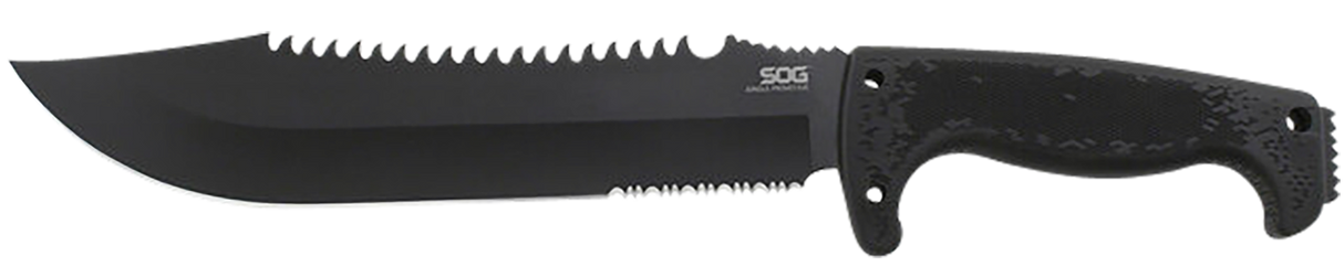 S.O.G SOGF03TNCP Jungle Primitive 9.50" Machete Clip Point Plain Black Hardcased w/Saw Spine 8Cr13MoV SS Blade Black w/Digi-Grip Kraton Handle Includes Sheath