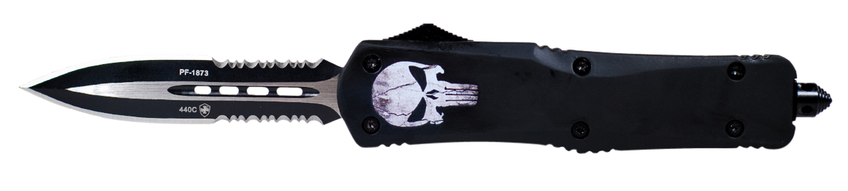 Templar Knife LFL431 FAllen Gen II Large 3.50" OTF Dagger Part Serrated Black Oxide Stonewashed 440C SS Blade/ 5.25" Black w/Skull Aluminum Handle Features Glass Breaker Includes Pocket Clip/Sheath