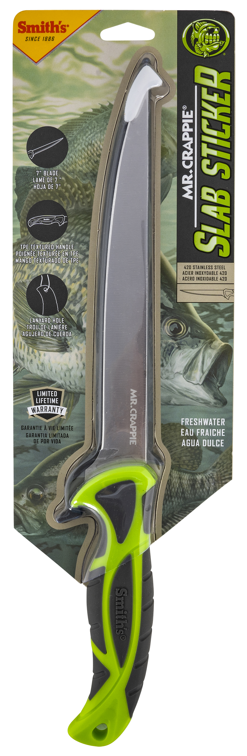 Smiths Products 51209 Mr. Crappie Slab Sticker 7" Fixed Fillet Plain 420HC SS Blade Gray/Green TPE Handle Includes Sheath