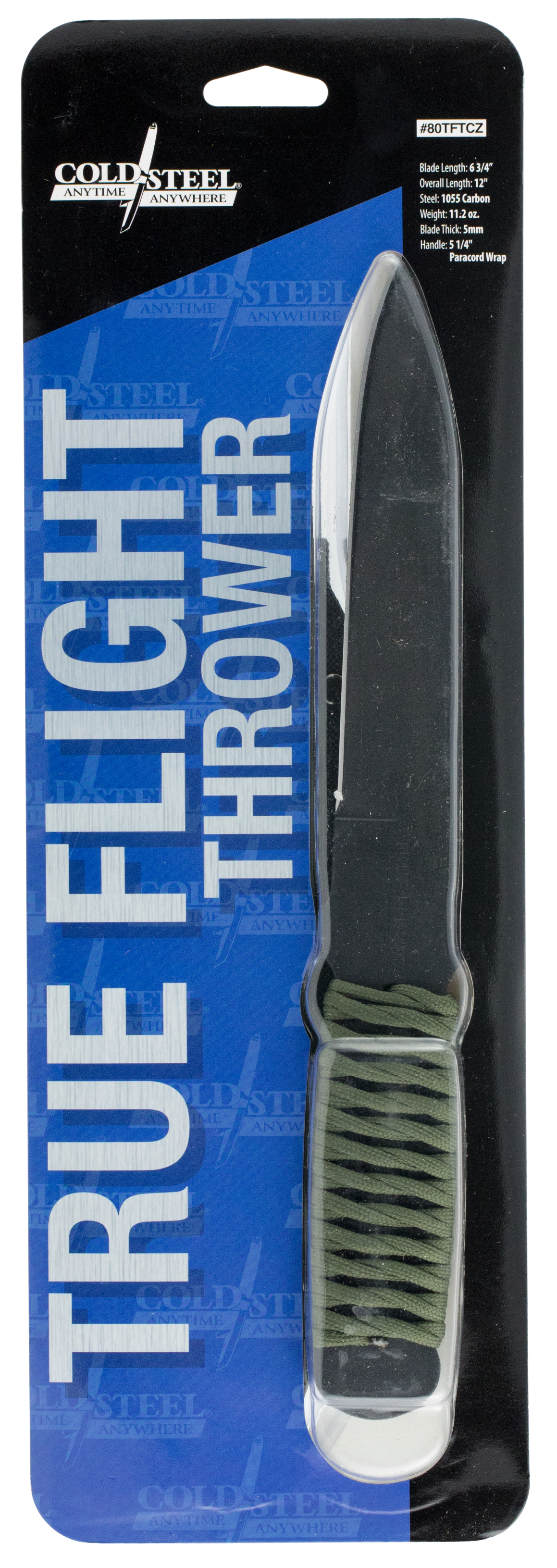 Cold Steel 80TFTC True Flight Thrower 6.75" Fixed Spear Point Plain Black 1055 Carbon Steel Blade/Paracord Wrap OD Handle