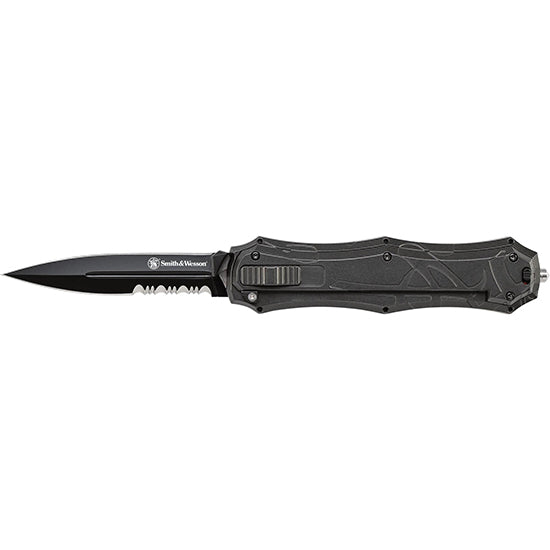 Smith & Wesson Finger Actuator 3.6" Black Serrated Spear Point Blade, Black Aluminum Handle