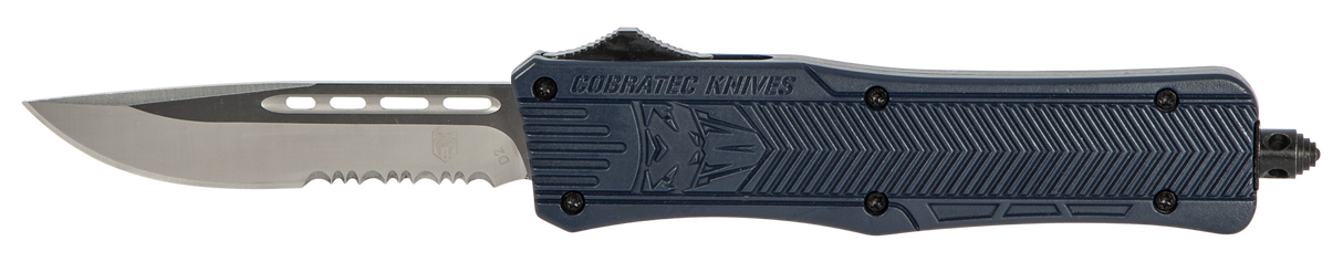 CobraTec Knives MNYCTK1MDS CTK-1Medium 3" OTF Drop Point Part Serrated D2 Steel Blade/NYPD Blue Aluminum Handle Features Glass Breaker Includes Pocket Clip