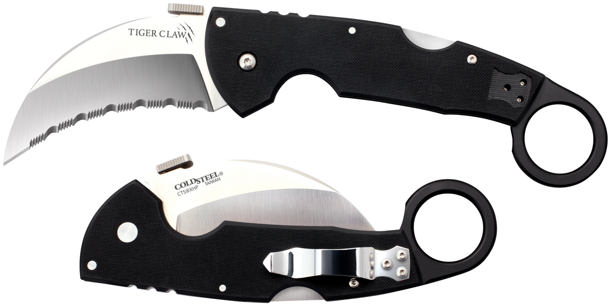 Cold Steel CS22KFS Tiger Claw3.50" Folding Hawkbill Serrated Stonewashed American S35VN Blade/6" Matte Black w/Ring G10 Handle Includes Belt Clip