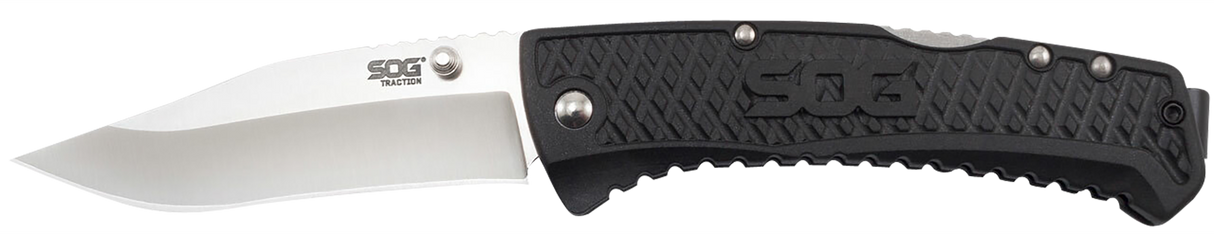 S.O.G SOGTD1011CP Traction3.50" Folding Clip Point Plain Satin 5Cr13MoV SS Blade Black Textured GRN Handle Includes Pocket Clip