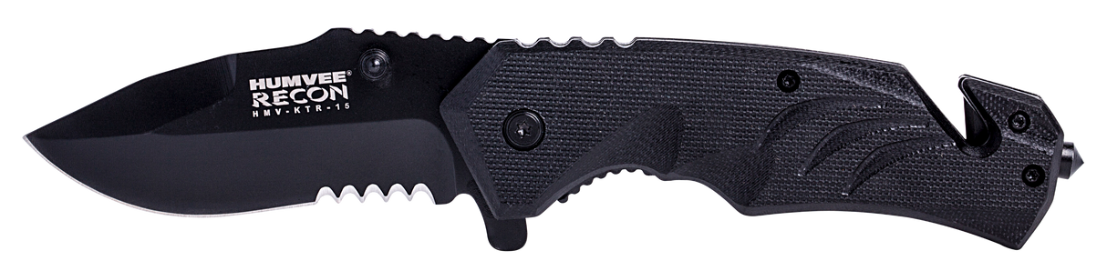 Humvee Adventure Gear HMVKTR15 Tactical Recon3" Folding Drop Point Part Serrated Black Stainless Steel Blade/Black Textured Features Glass Breaker/Seat Belt Cutter Includes Pocket Clip