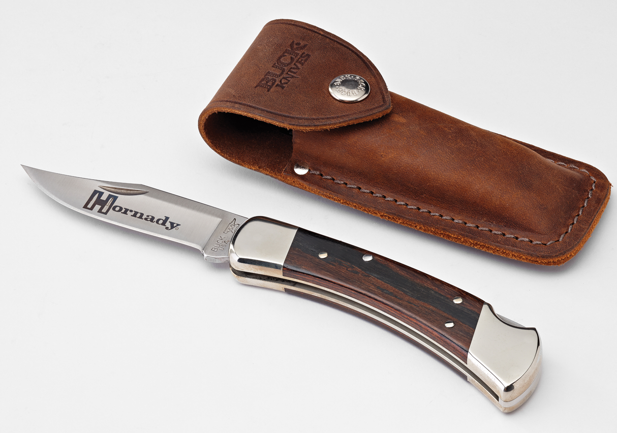 Hornady 99126 Buck 110 Folding Plain 420 Stainless Steel Blade Brown Macassar Ebony Dymondwood w/Nickel-Plated Bolsters Handle