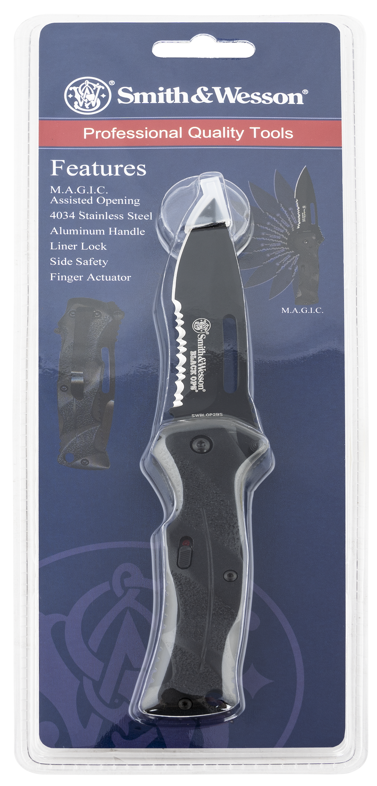 Smith & Wesson Knives SWBLOP2BSCP Black Ops3.40" Folding Drop Point Part Serrated 4034 SS Blade Black Includes Pocket Clip