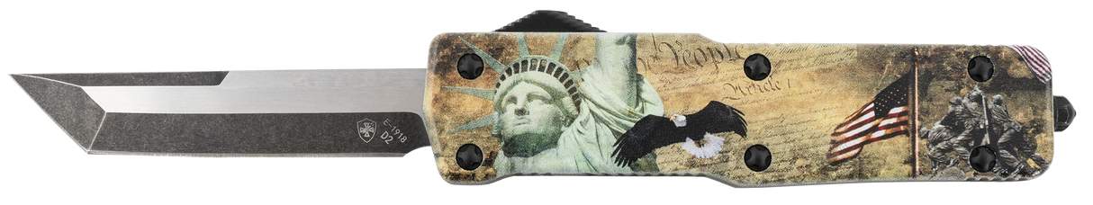 Templar Knife SZLIB221 Premium Weighted Small 3" OTF Tanto Plain Black Oxide Stonewashed Powdered D2 Steel Blade/ 4.50" Gold w/Statue of Liberty/Flag/Eagle Aluminum Zinc Alloy Handle