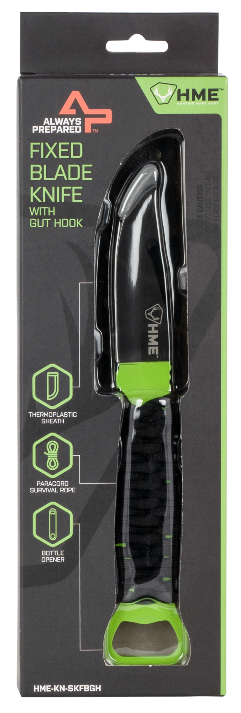 HME HMEKNSKFBG Skeleton4.5" Fixed Gut Hook Plain Black Oxide Stainless Steel Blade/Black/Green Cord Wrapped Micarta Handle Includes Sheath