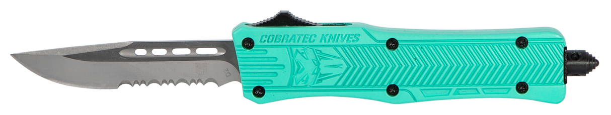 CobraTec Knives STFCTK1SDS CTK-1Small 2.75" OTF Drop Point Part Serrated D2 Steel Blade/ Tiffany Blue Aluminum Handle Features Glass Breaker Includes Pocket Clip