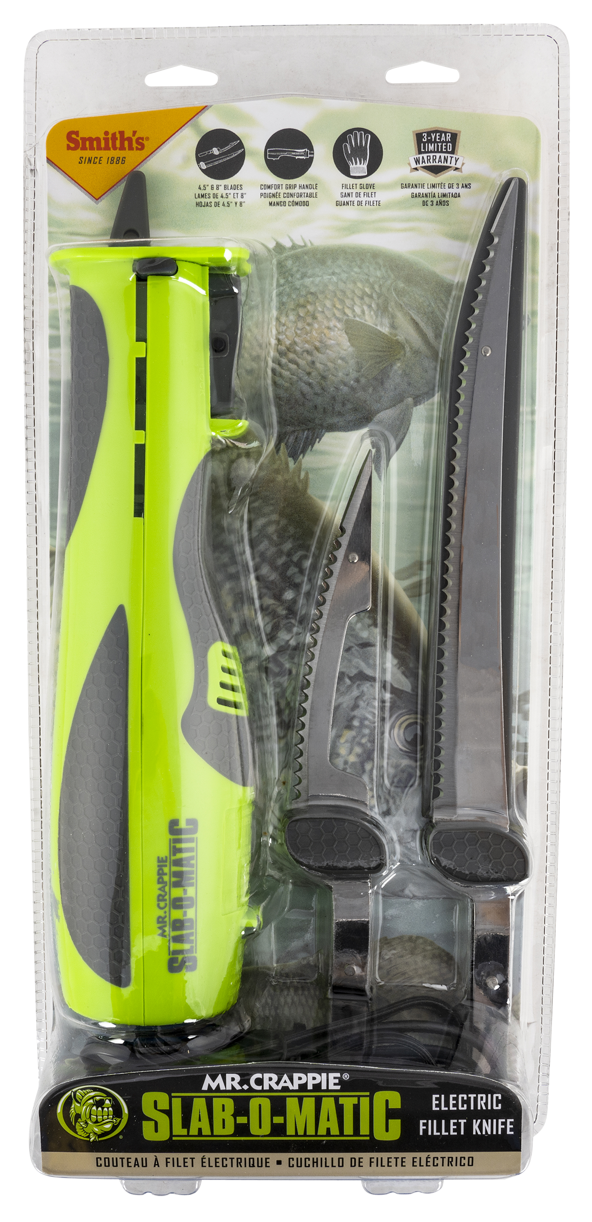 Smiths Products 51207 Mr. Crappie Slab-O-Matic 8"/4.50" Fillet/Ribcage Serrated Stainless Steel Blade Electric Green/Gray Vented Includes Power Cord/Fillet Glove/Mesh Storage Bag