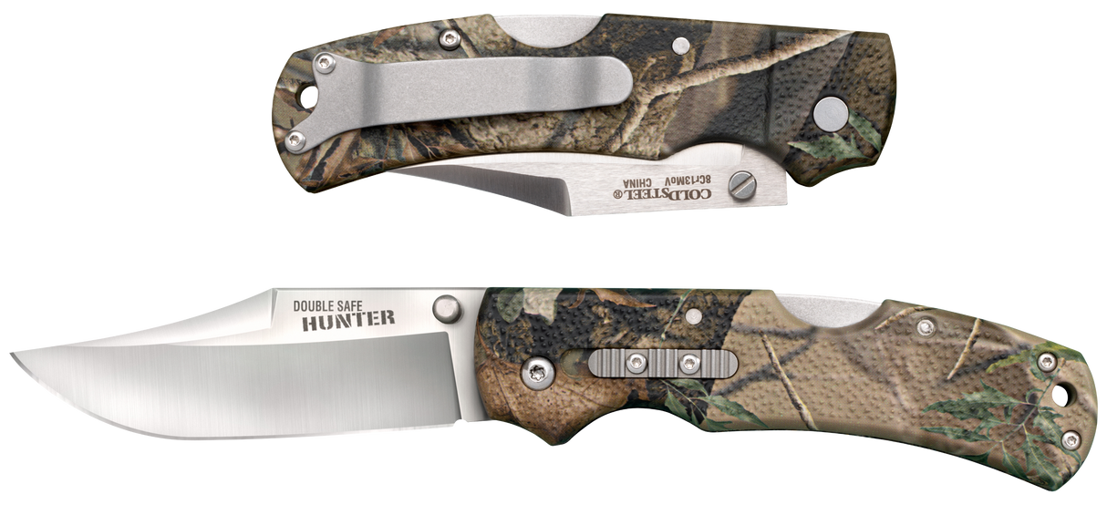 Cold Steel CS23JE Double Safe Hunter 3.50" Folding Clip Point Plain Satin 8Cr13MoV SS Blade/ Camo GFN Handle Includes Pocket Clip
