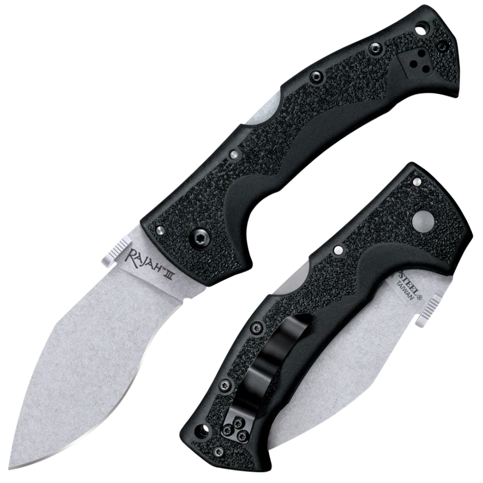 Cold Steel CS62JM Rajah III 3.50" Folding Drop Point Plain Stone Washed AUS-10A SS Blade/Black Griv-Ex Handle Includes Pocket Clip