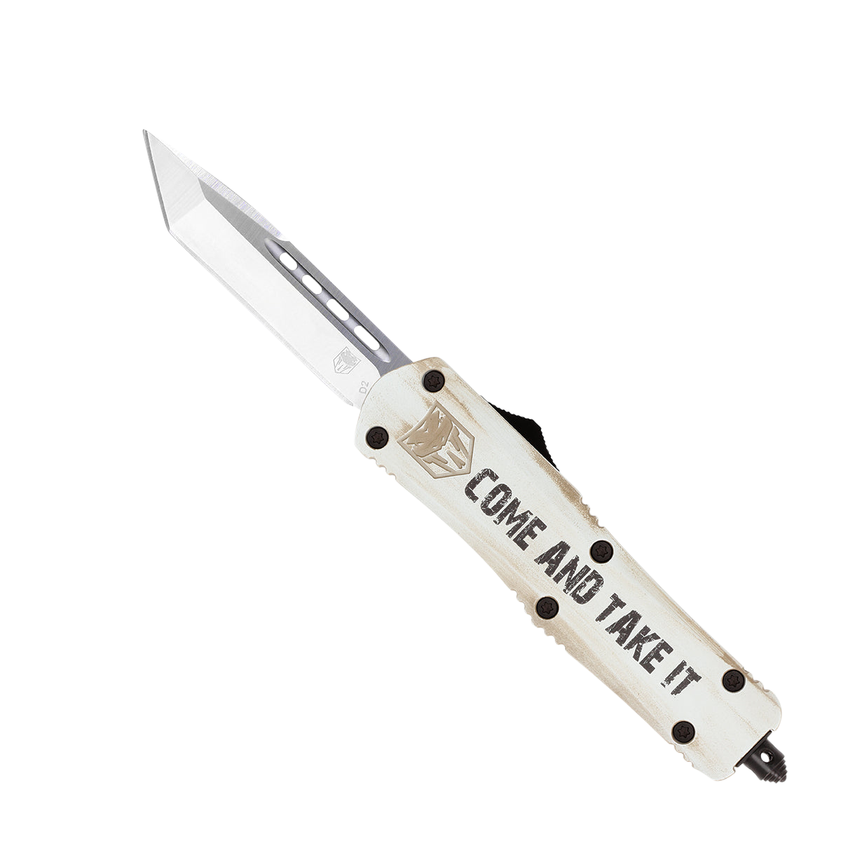 CobraTec Knives MCATIFS3TNS FS-3 Come And Take It 3" OTF Tanto Plain D2 Steel Blade/White w/"Come And Take It" Cerakoted Aluminum Handle Features Glass Breaker Includes Pocket Clip