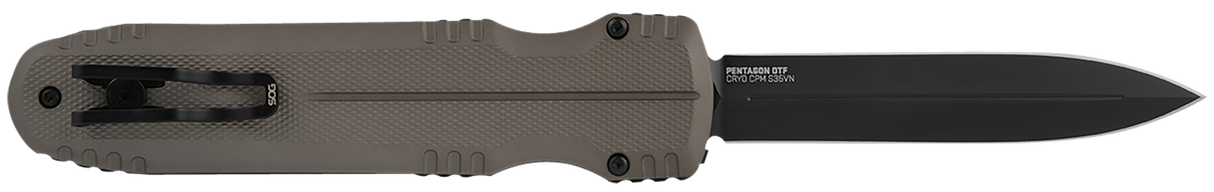 S.O.G SOG15610257 Pentagon3.79" OTF Spear Point Plain Black TiNi Cryo CPM S35VN Steel Blade Flat Dark Earth Aluminum Handle