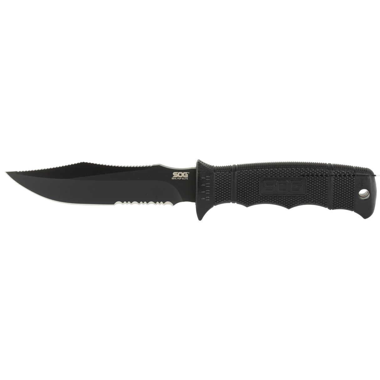 S.O.G SOGE37TK Seal Pup Elite 4.85" Fixed Clip Point Part Serrated Black Hardcased TiCN AUS-8A SS Blade/Black w/Grip Lines GRN Handle Includes Lanyard/Sheath