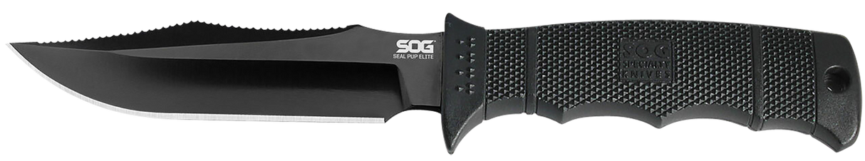 S.O.G SOGE37SNCP Seal Pup Elite 4.85" Fixed Clip Point Plain Black Hardcased TiCN AUS-8A SS Blade/Black w/Grip Lines GRN Handle Includes Lanyard/Sheath