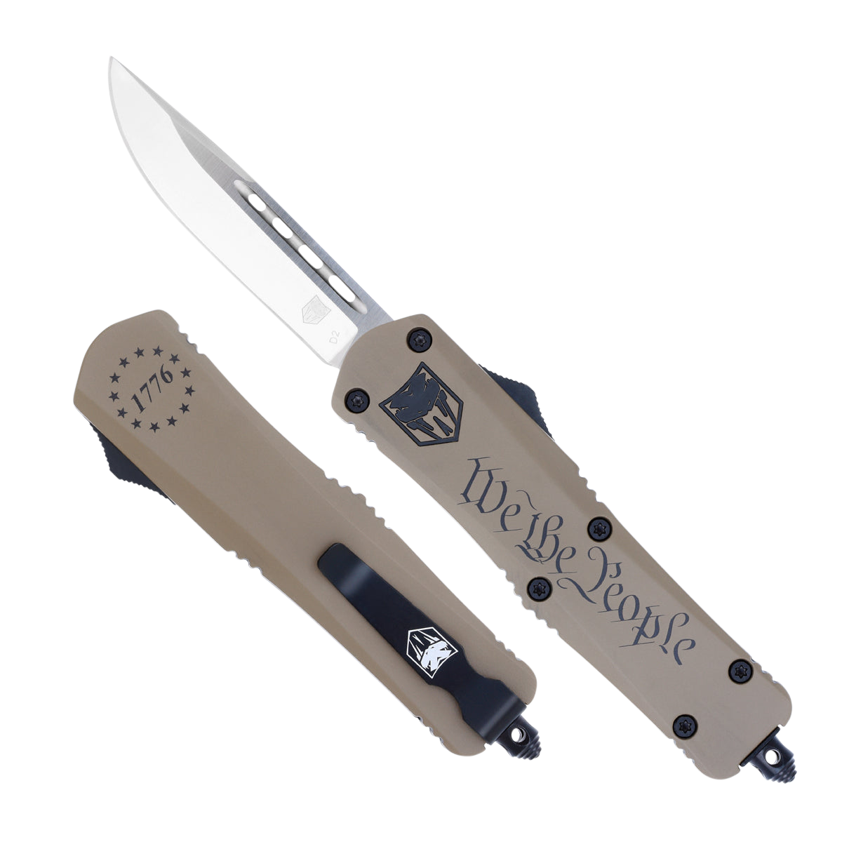 CobraTec Knives MWTPFS3DNS FS-3 We The People Medium 3" OTF Drop Point Plain D2 Steel Blade Tan w/"We The People" Aluminum Cerakoted Handle Features Glass Breaker Includes Pocket Clip