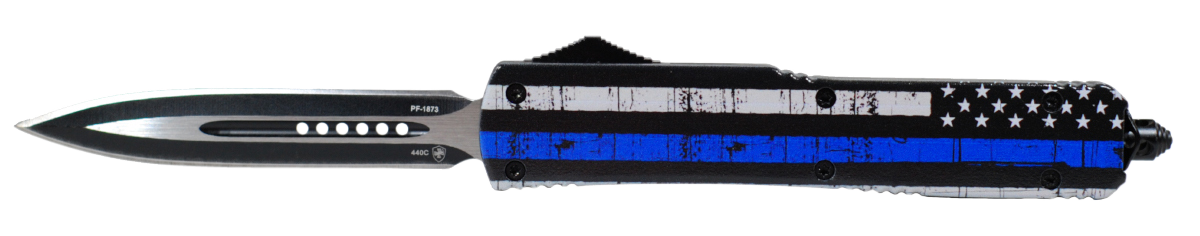 Templar Knife MBTB131 Back The Blue Gen II Slim 3.43" OTF Dagger Plain Black Oxide Stonewashed 440C SS Blade/5.05" Black & White w/Blue Line Aluminum Handle Features Glass Breaker Includes Pocket Clip/Sheath