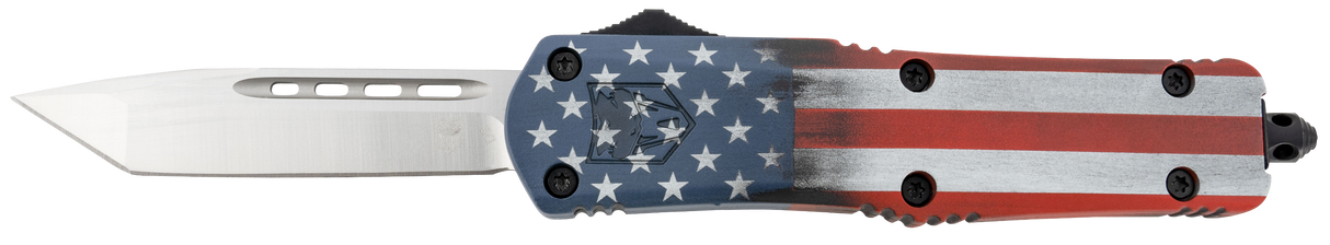 CobraTec Knives MCUSAFS3TNS FS-3 American Flag Medium 3" OTF Tanto Plain D2 Steel Blade 4.50" Aluminum Cerakoted Handle Includes Glass Breaker/Pocket Clip