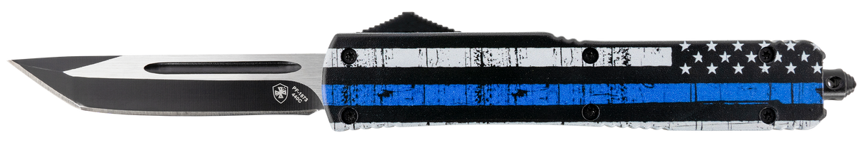 Templar Knife MBTB231 Back The Blue Gen II Slim 3.43" OTF Tanto Plain Black Oxide Stonewashed 440C SS Blade/5.05" 4.31" Black & White w/Blue Line Aluminum Handle Features Glass Breaker Includes Pocket Clip/Sheath